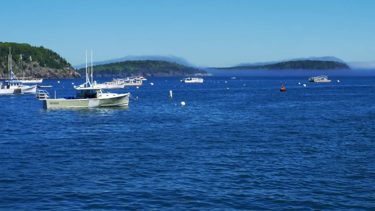barcos de pesca amarrados en aguas azules del puerto de bar con un ligero velo de niebla sentado en exuberantes colinas verdes en el fondo