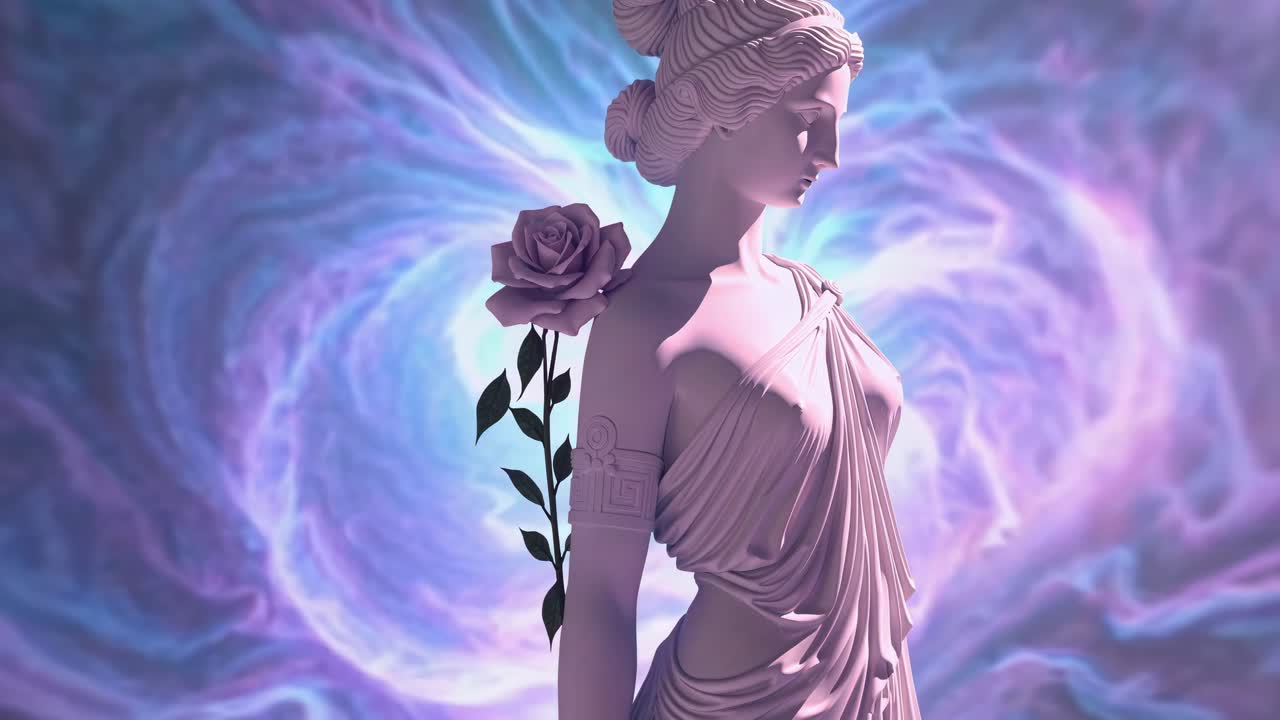 Una statua classica con una rosa è ripresa da un'angolazione bassa su uno sfondo vorticoso e colorato.