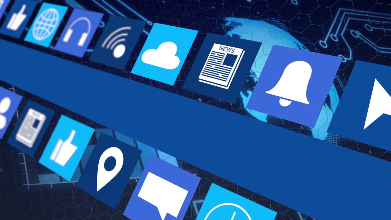 Animation of digital icons for notifications and news over technology background