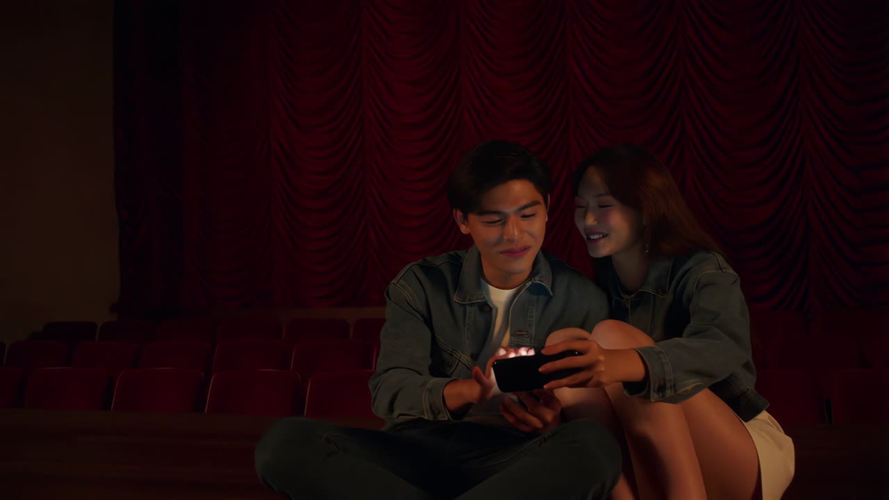 Couple using smartphone in theater