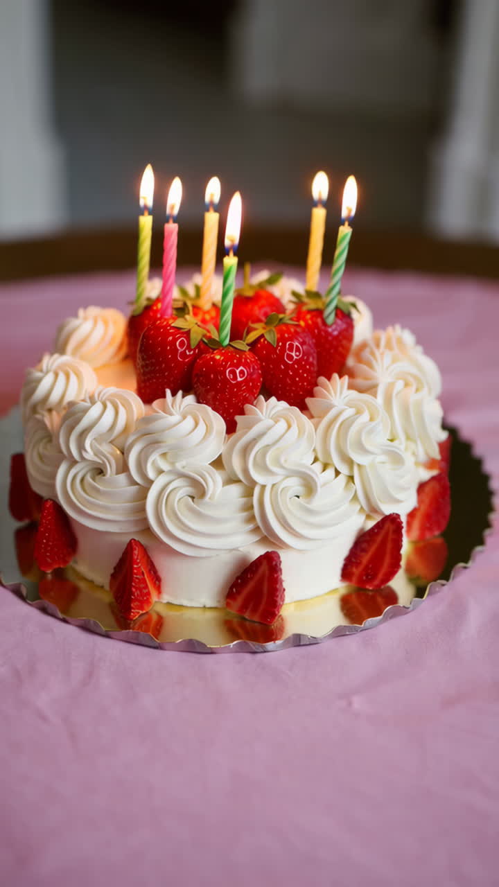 A delicious strawberry birthday cake with lit candles