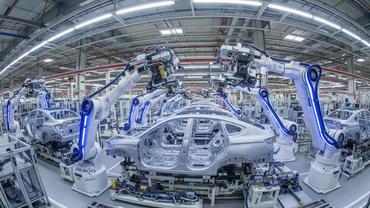 Advanced Automotive Manufacturing: Robotics in Action Inside a State-of-the-Art Assembly Line Showcasing High-Tech Automation and Precision Engineering