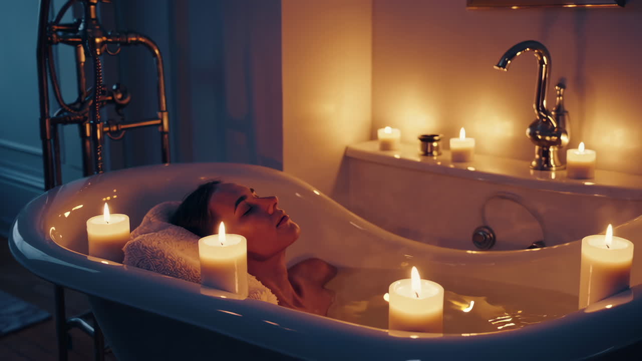 Woman Relaxing in a Luxurious Bathtub with Candles