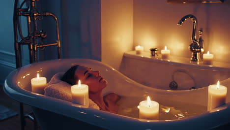 woman relaxing in a luxurious bathtub with candles