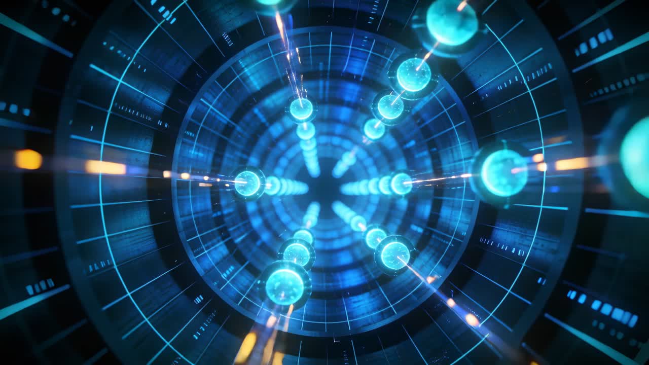 Advancing camera pushing teal spheres on rods through tunnel, orange trails, HUD for data flow