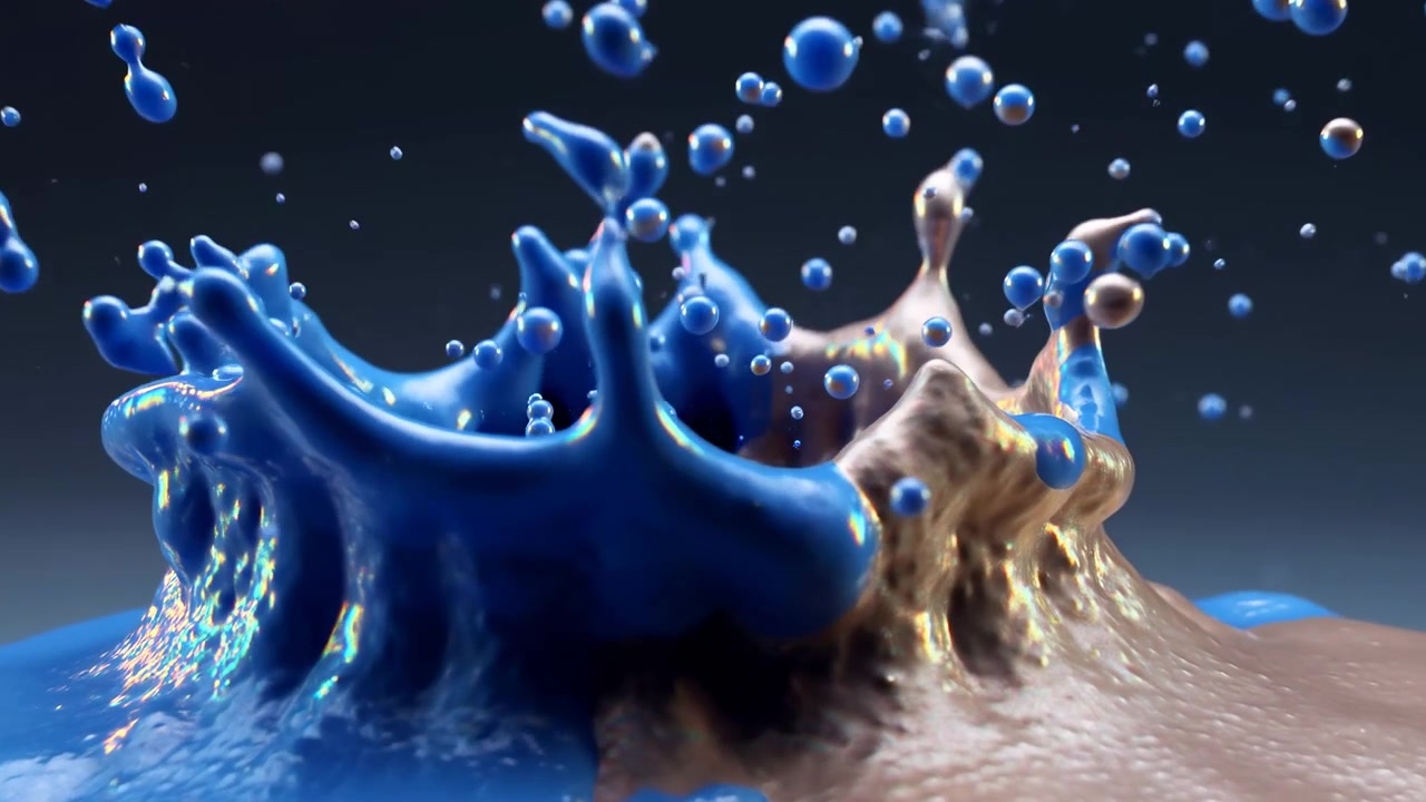 Close-up low-angle view of viscous cobalt blue liquid impacting warm metallic bronze substrate, frozen mid-splash into crown-shaped peaks with hundreds of spherical droplets suspended above