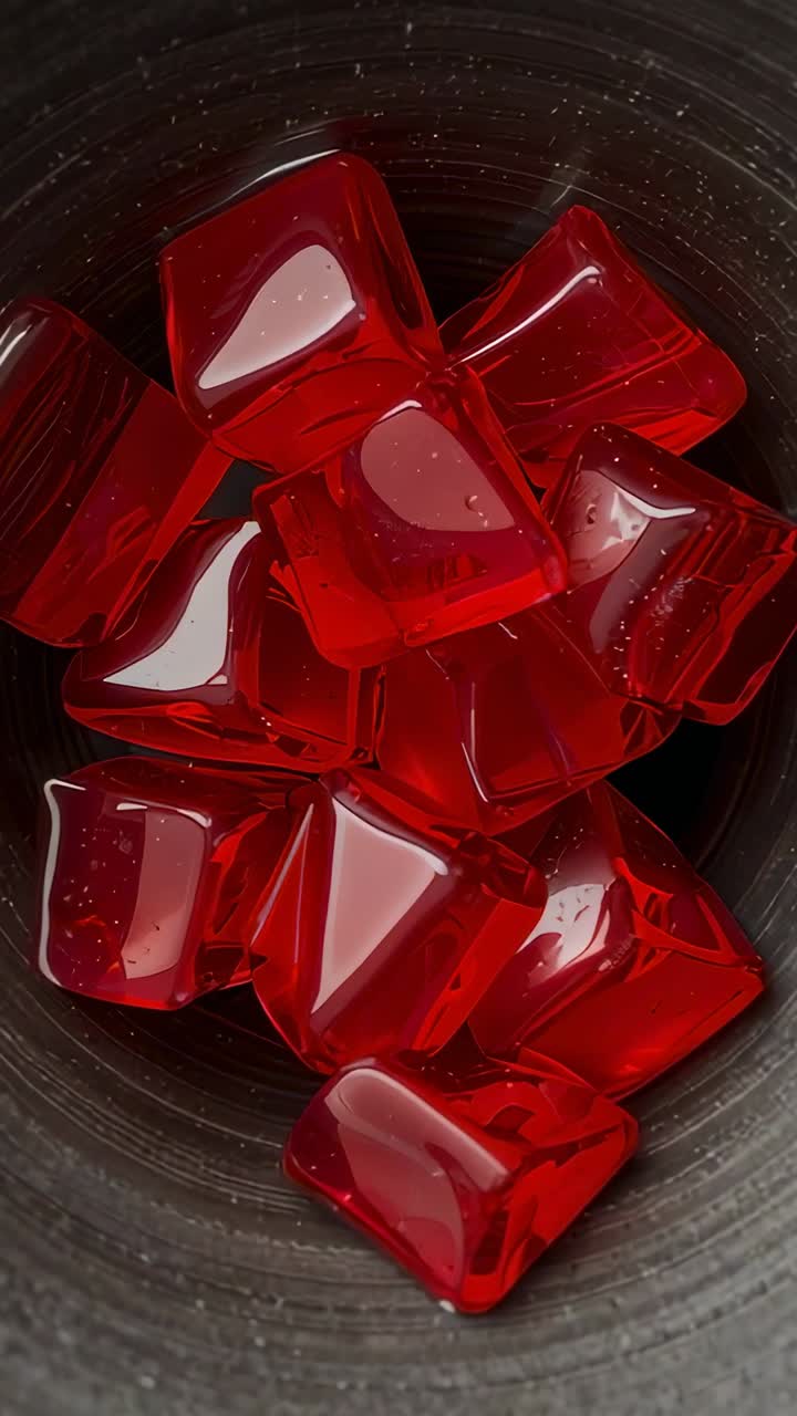 Vertical video: Shifting camera bringing red gel cubes closer inside dark cup, revealing bubbles