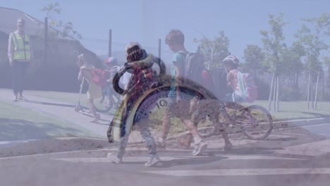 Composite-video-of-sand-falling-over-a-stopwatch-against-school-kids-crossing-the-street