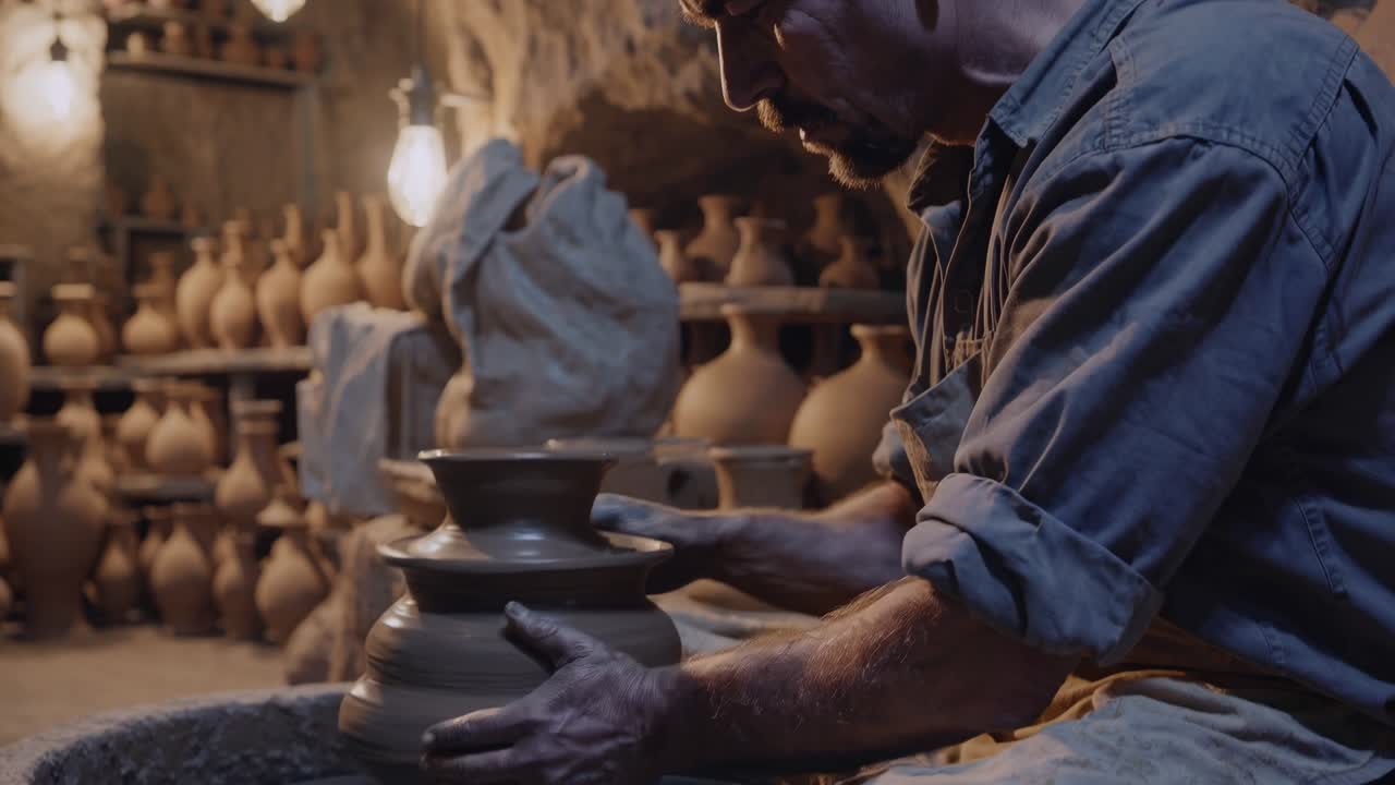 Potter shaping clay on a spinning wheel in a workshop filled with finished earthenware vases in Avanos, Turkey, highlighting the ancient art of pottery making