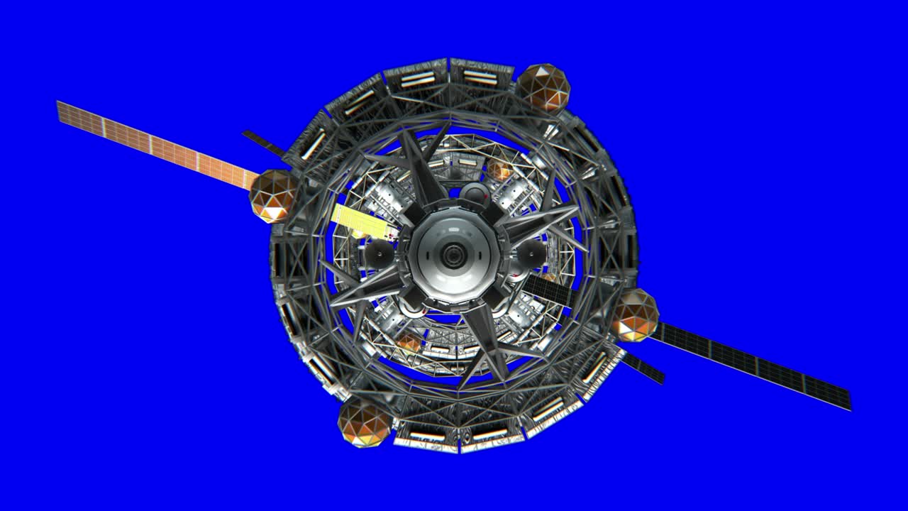 vuelo a través de la puerta de la nave espacial de ciencia ficción en fondo azul, pantalla verde, animación 3d, llave de croma