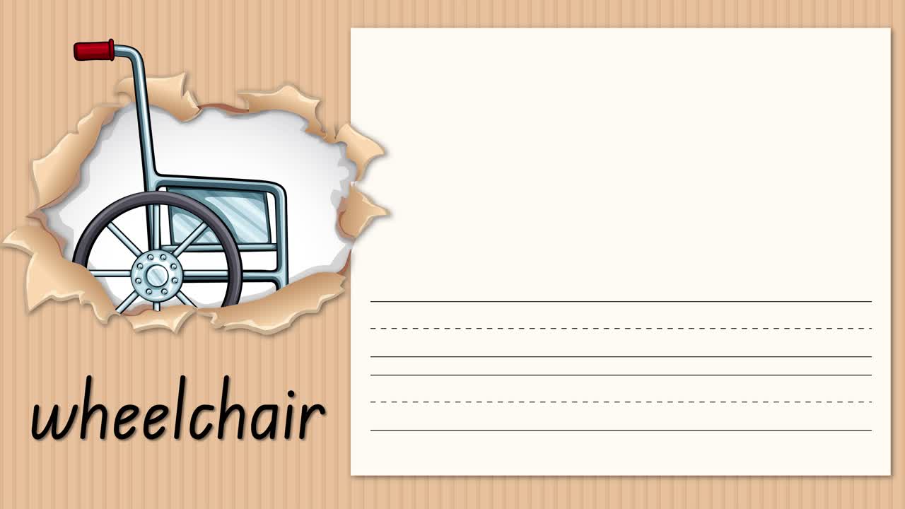 Animated educational video demonstrates writing letter W using a wheelchair illustration on lined paper background