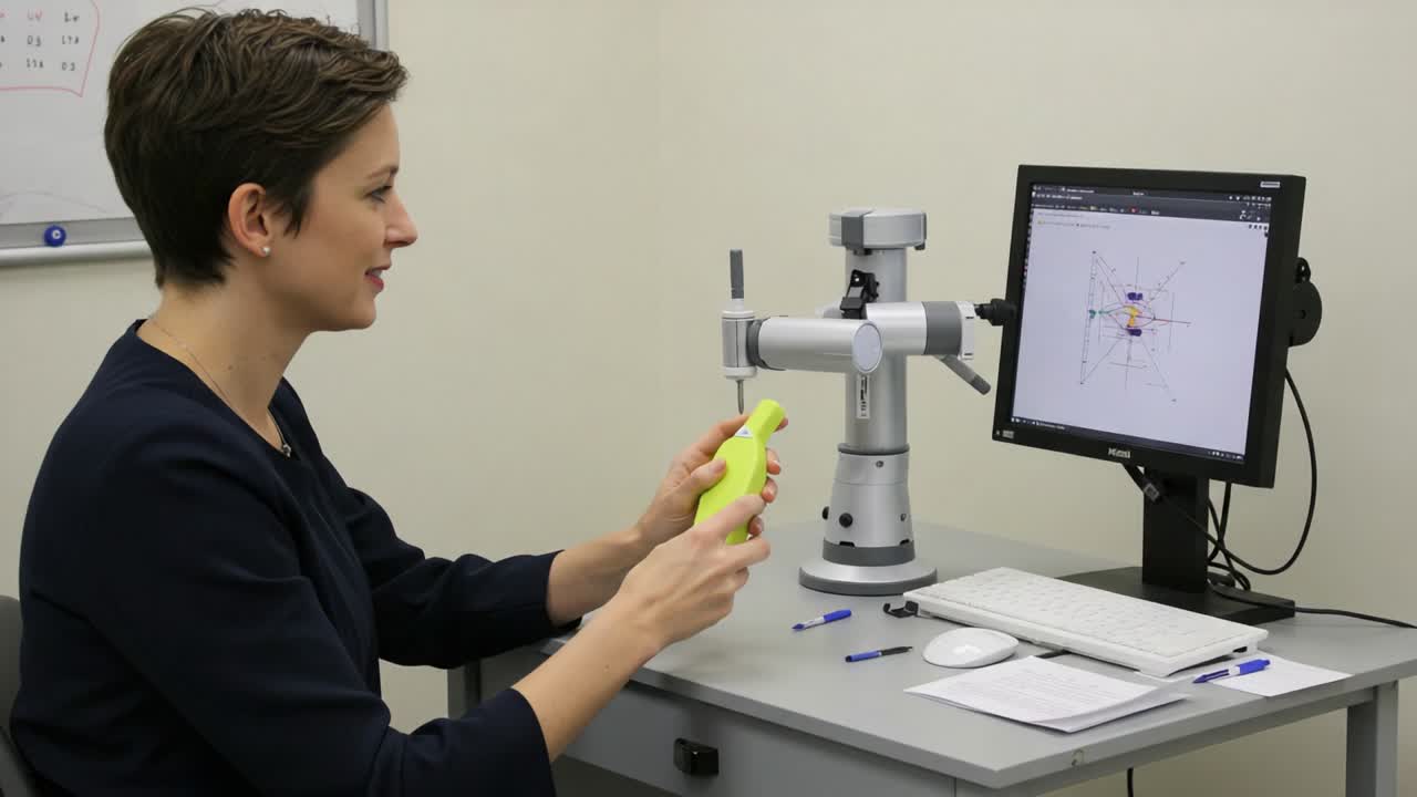 A Woman Engaging with a Robotic Arm in a Research Setting, Utilizing a Computer to Analyze an Object While Seated at a Desk with Various Tools