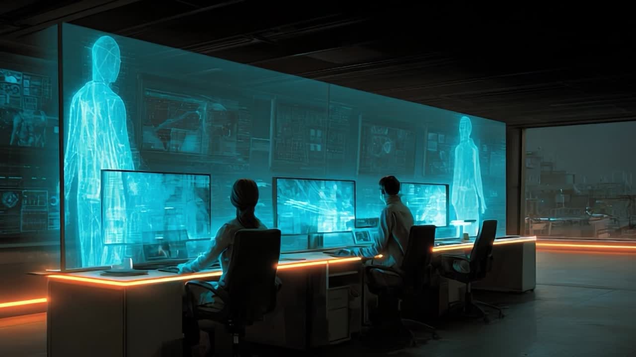 Høyteknologisk kontrollrom med holografiske skjermer om natten