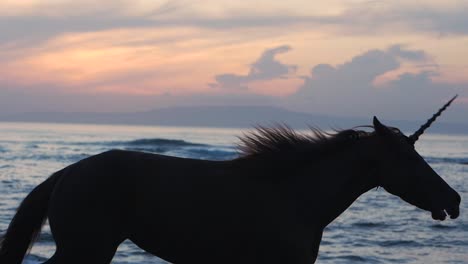 Einhorn-Galoppiert-Am-Strand-Während-Der-Morgendämmerung,-Silhouette-Eines-Mythischen-Tieres,-Slowmo