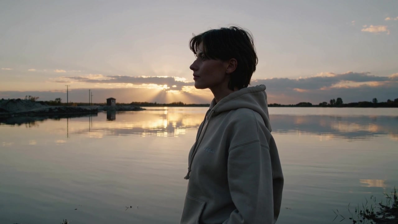Frau in Kapuzenpullover senkt Smartphone, von der Sonne angeregt, dreht sich um, um die Seereflexion bei Sonnenuntergang zu beobachten.