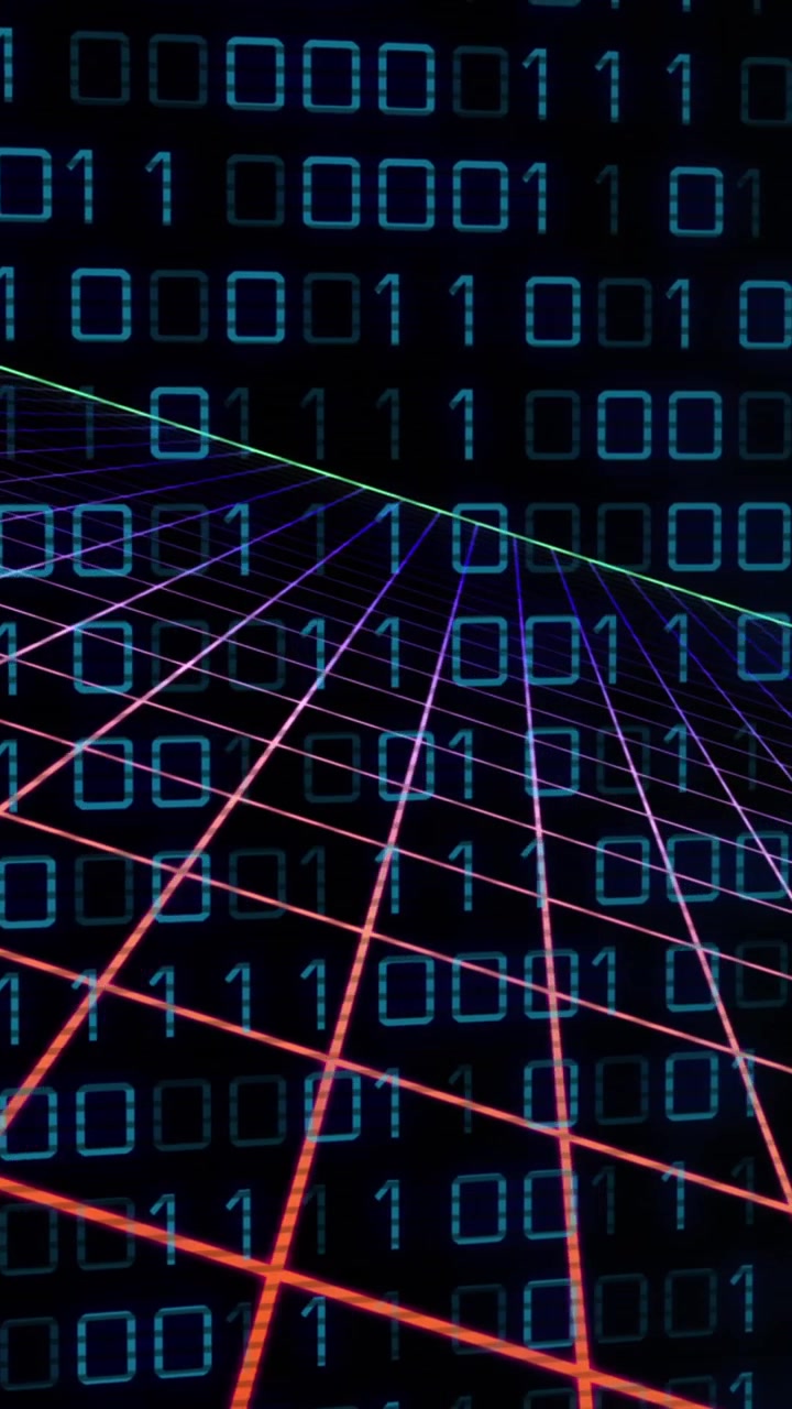 Animation of grid pattern over looping binary codes against black background
