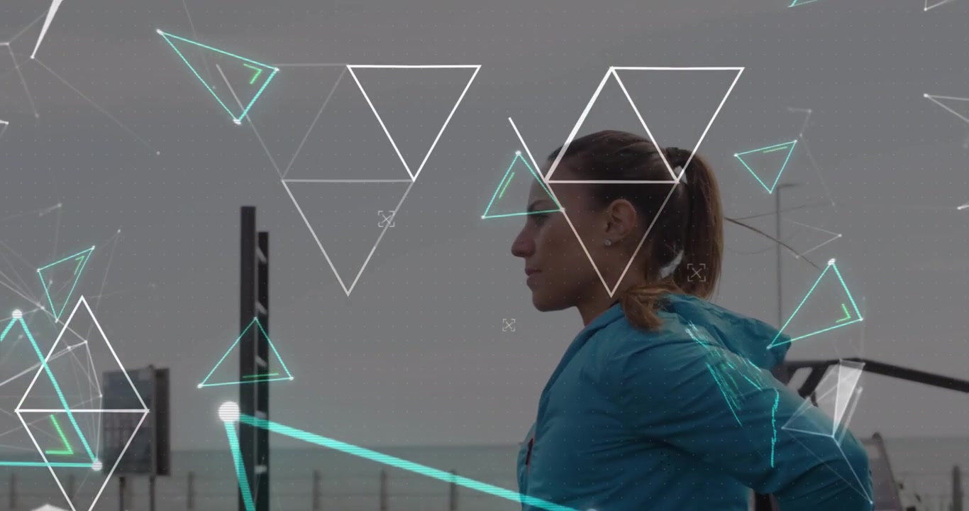 Animation of shapes moving over caucasian woman stretching