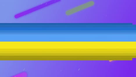 Animation-of-white-dove-peace-symbol-over-stripes-of-flag-of-ukraine-and-shapes-moving-on-purple