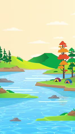 camping by a river landscape illustration