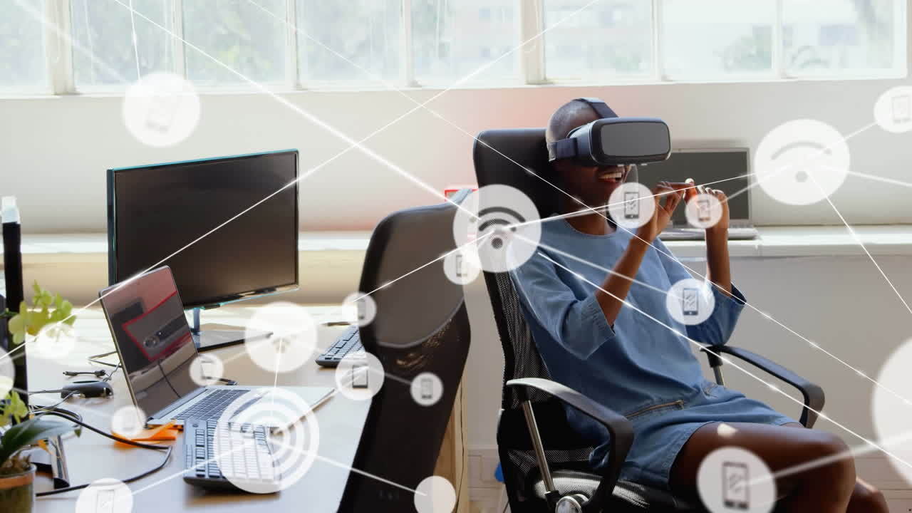 Animation of networks of connections and businesswoman wearing phone vr headset