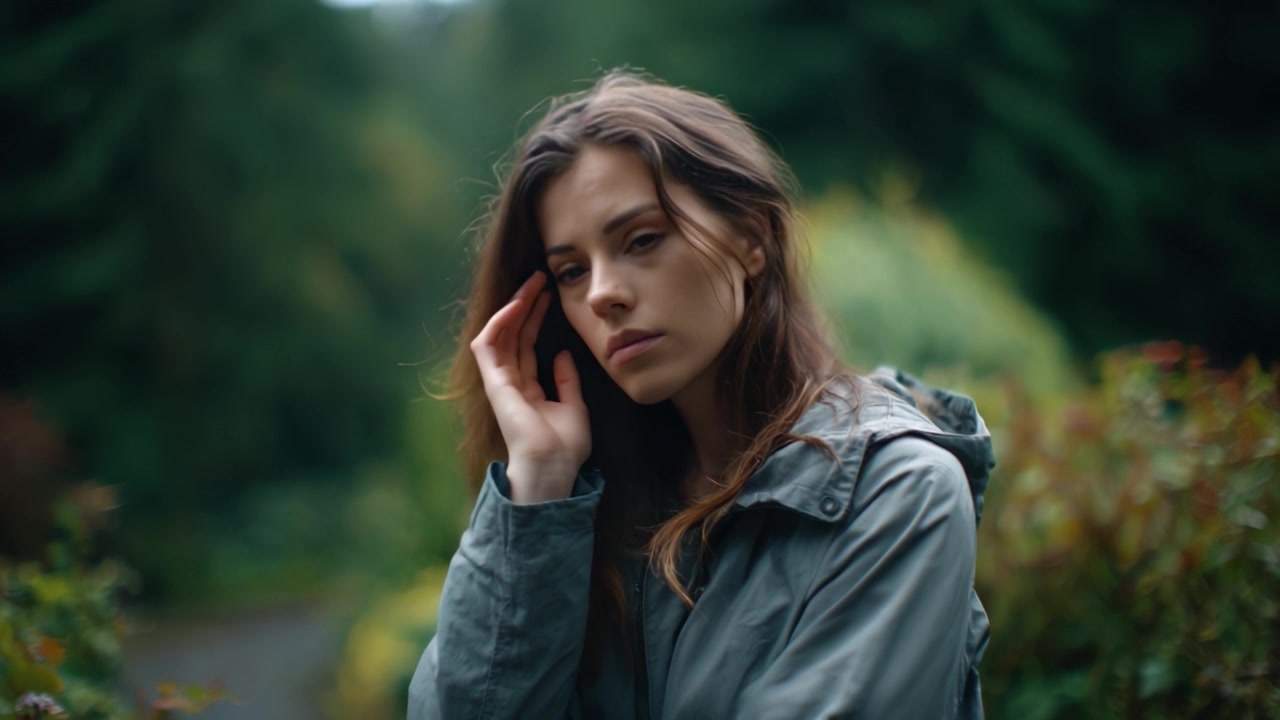 Un momento contemplativo nella natura, che mostra una donna persa nei pensieri in mezzo a una vegetazione lussureggiante, mentre riflette sui suoi sentimenti in un'atmosfera serena.