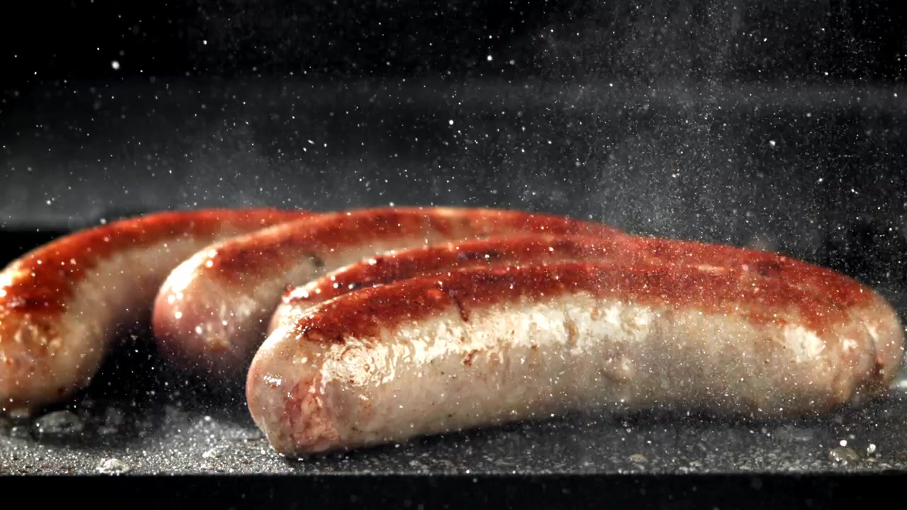 Deilige pølser som steker på en varm stekeplate med sprutende olje