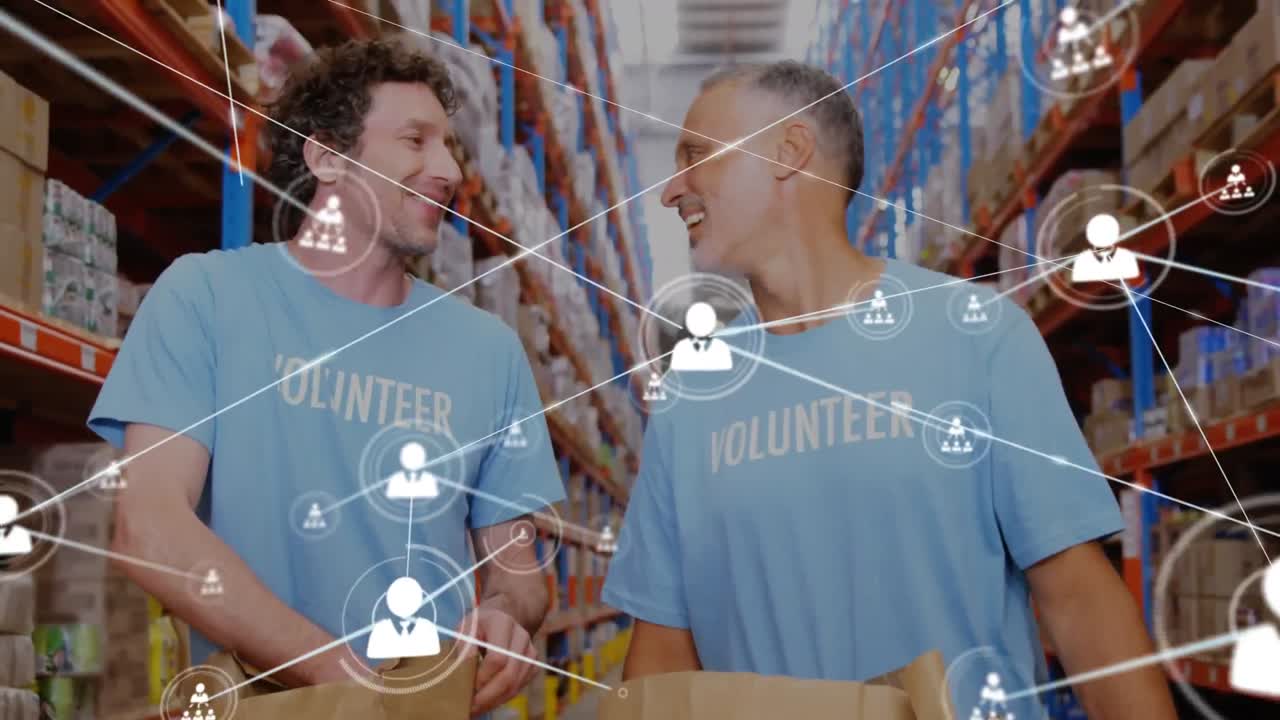 Animation of network of profile icons over two diverse male volunteers high fiving each other