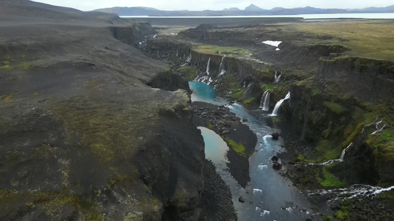 Aerial view of Sig&ouml;lduglj&uacute;fur Canyon, known also as the Valley of Tears, with fantastical aqua water and incredible waterfalls in Iceland in the summer period