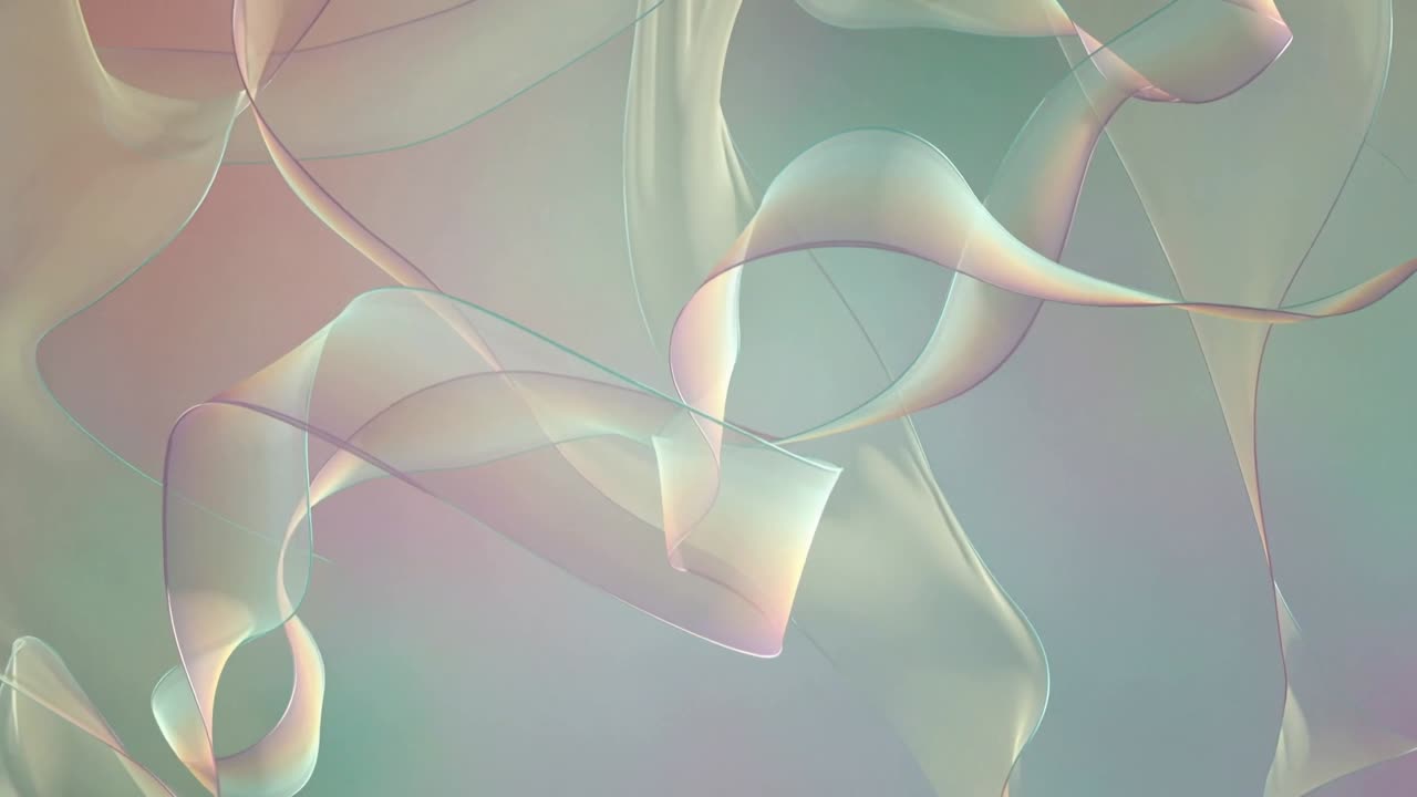 Starting six frames, shifting sheer ribbons drifting across pastel gradient, revealing seams