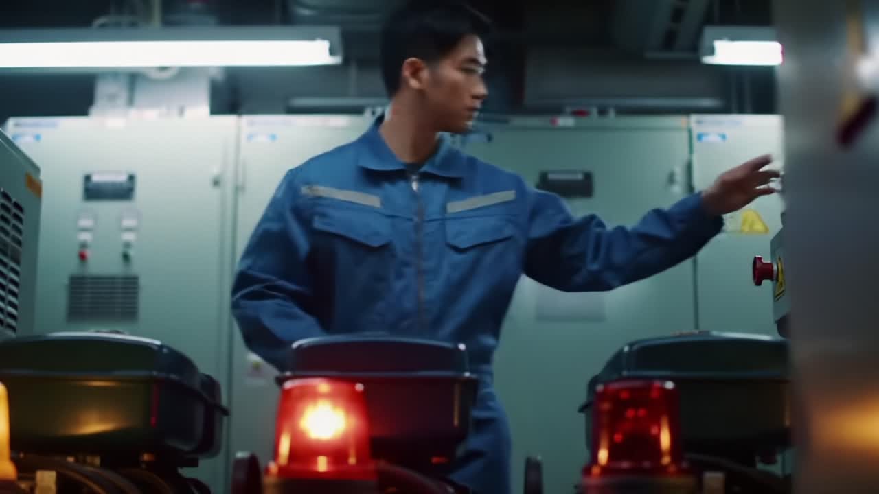 A focused technician in a blue uniform interacts with control panels and machinery, ensuring precise operation in an industrial environment filled with vivid lighting