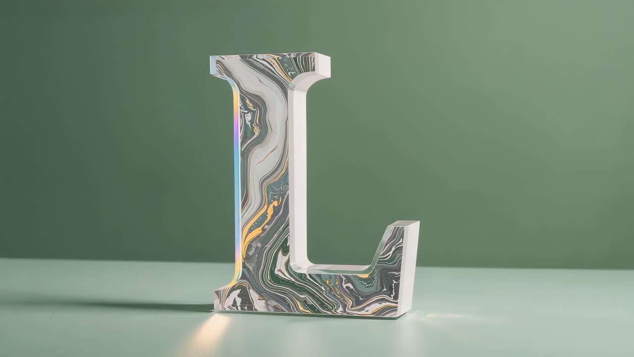 Rotating sculptural letter L spinning on pale green tabletop, with light reflection shifting upward