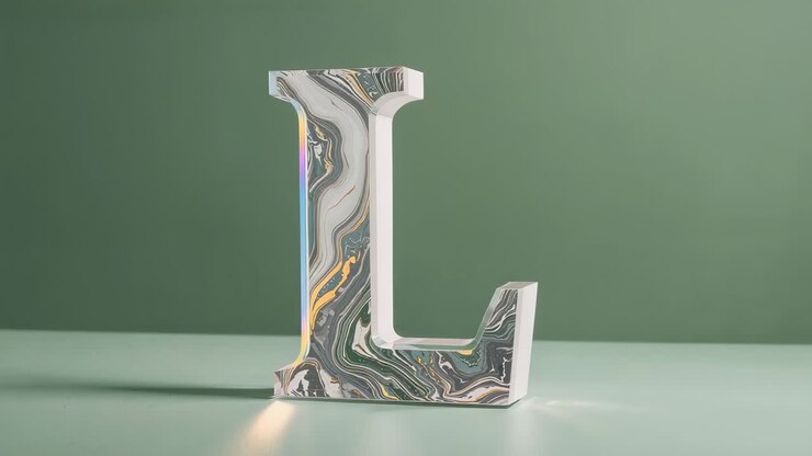 Lettera scultorea rotante L che gira su un tavolo verde chiaro, con riflesso della luce che si sposta verso l'alto