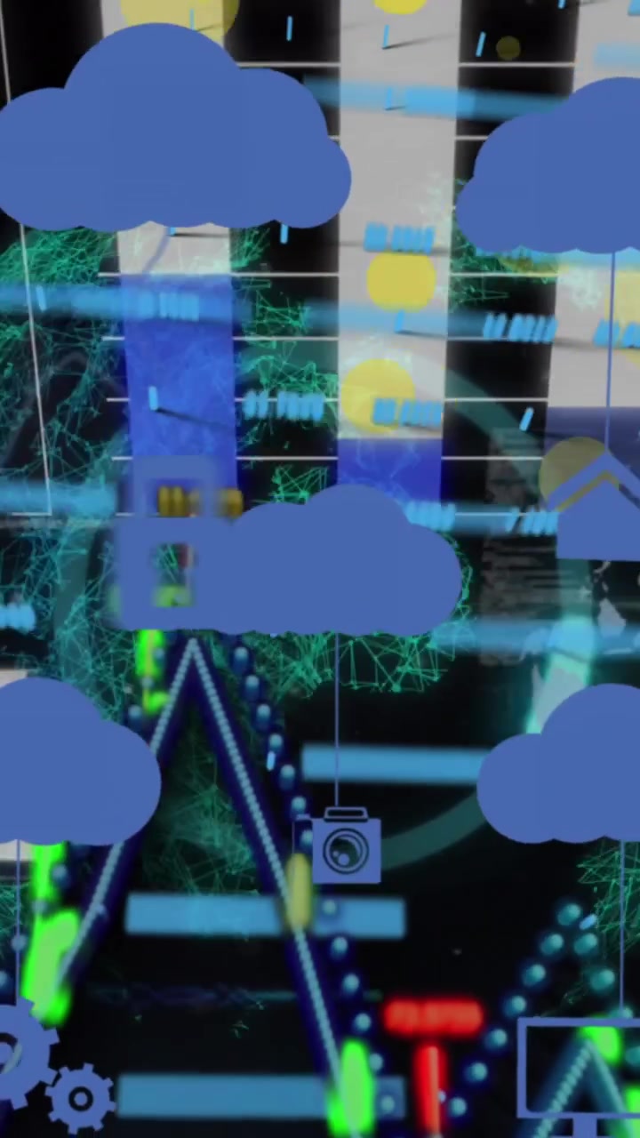 Animation of cloud icons and data processing over globe on black background
