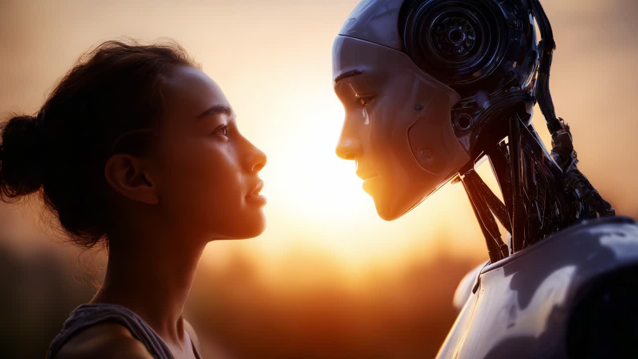 Manusia dan Robot Berbagi Momen saat Matahari Terbenam, Menjelajahi Hubungan Antara Emosi dan Teknologi, saat Wajah Mereka Diterangi oleh Cahaya Senja
