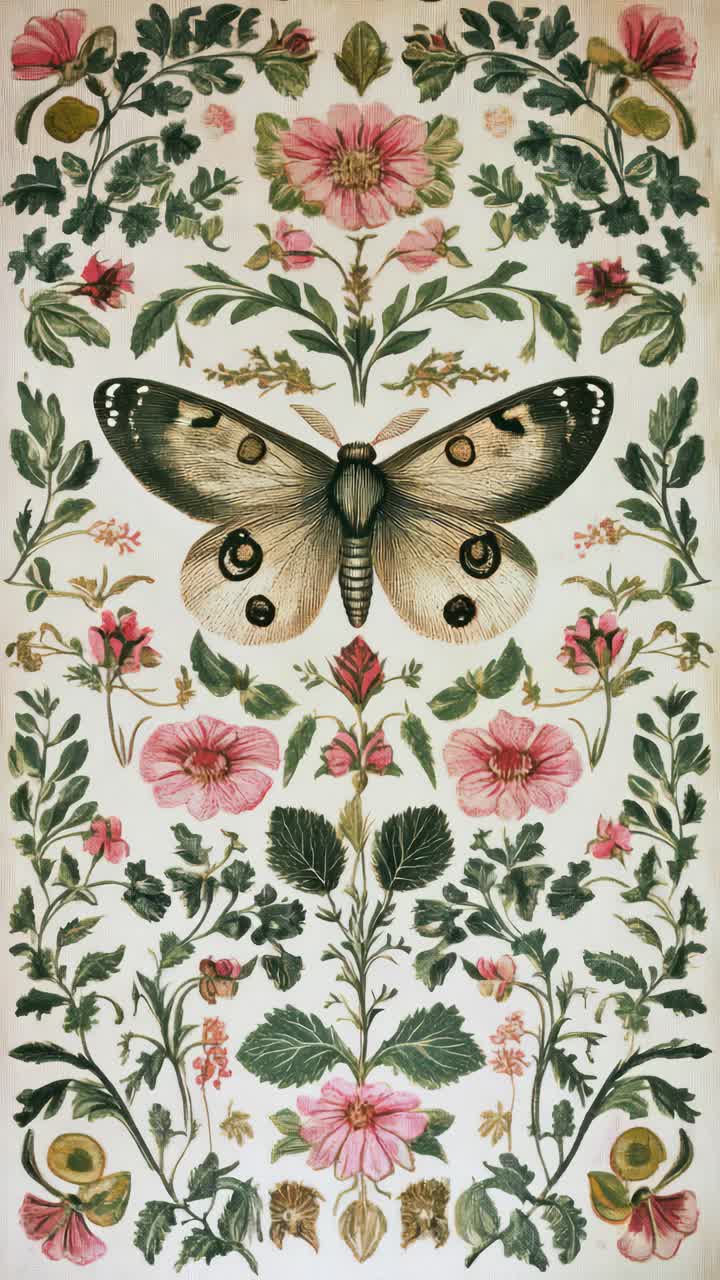 Vintage botanical illustration featuring a butterfly and flowers