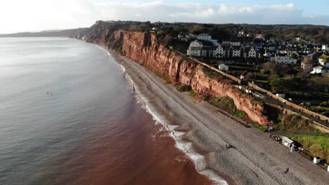 Vista-Aérea-De-Budleigh-Salterton-Beach-Devon,-Inglaterra-Mirando-Hacia-Exmouth