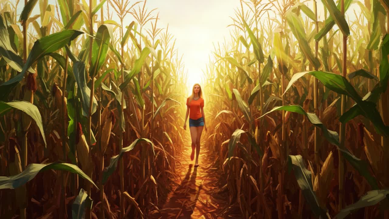 A Serene Journey Through a Sunlit Cornfield, Where Golden Stalks Tower Overhead and Soft Light Illuminates the Path of a Young Woman Adventurer