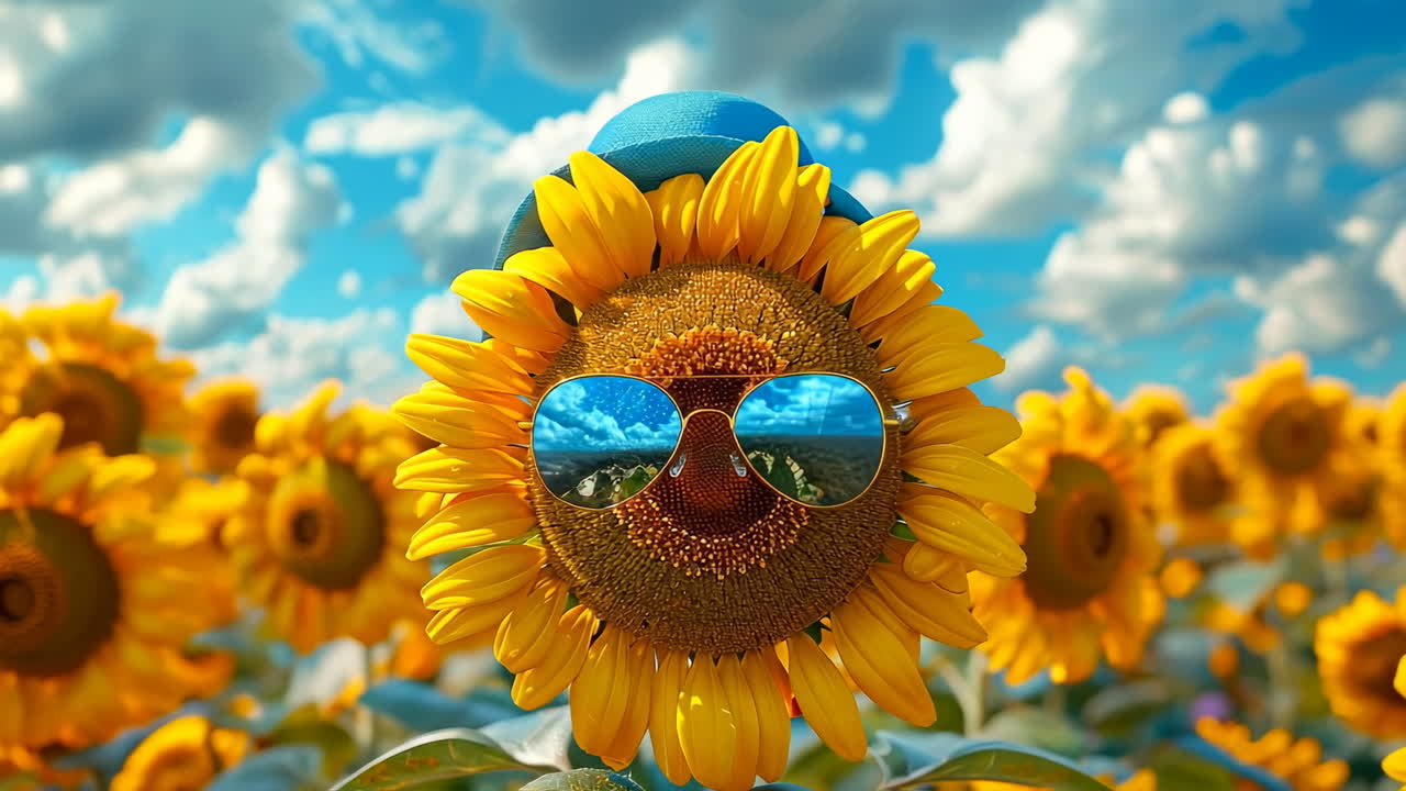 Sunglasses-clad sunflower in field. Bright yellow sunflower with sunglasses stands out in a sunny field
