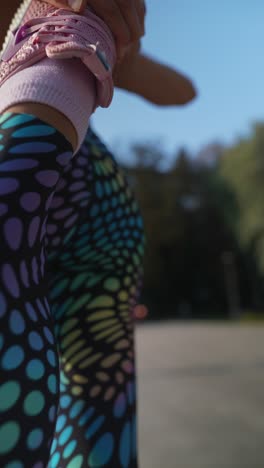 woman stretching in colorful workout clothes outdoors