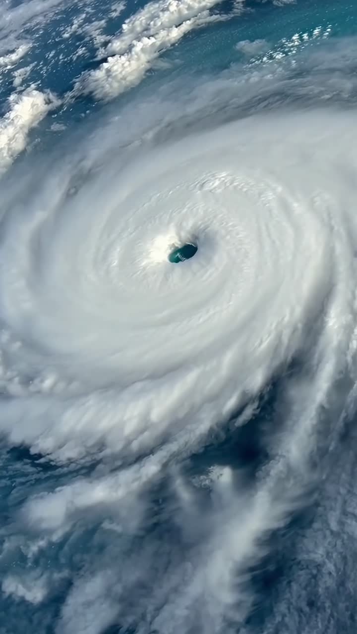 Aerial video shot of a swirling hurricane over the ocean, capturing the storm's eye