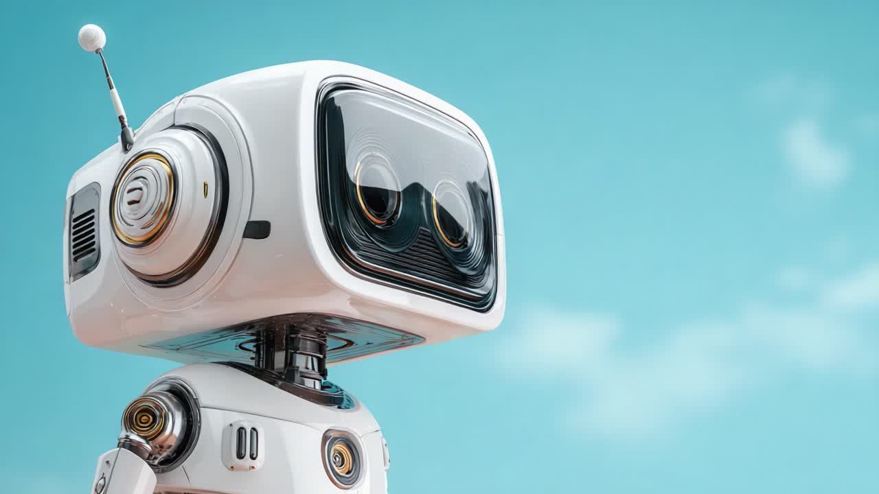 A Charming Robot Character Gazes into the Distance, Combining a Retro Design with Modern Aesthetic Elements Under a Clear Blue Sky