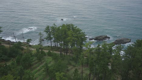 Fukui-Coastline-seen-from-Tojinbo-Tower,-Slow-Motion-Waves-on-Sea-of-Japan