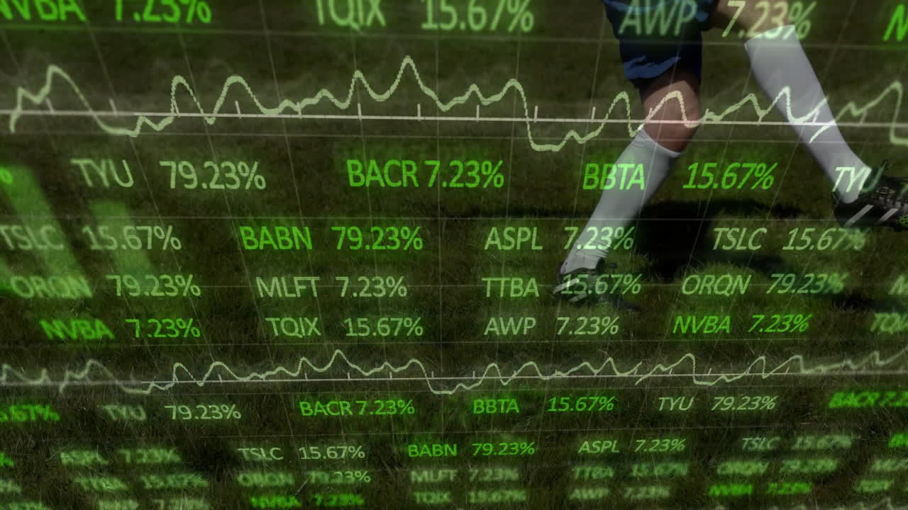 Stock market data animation over soccer player on grassy field