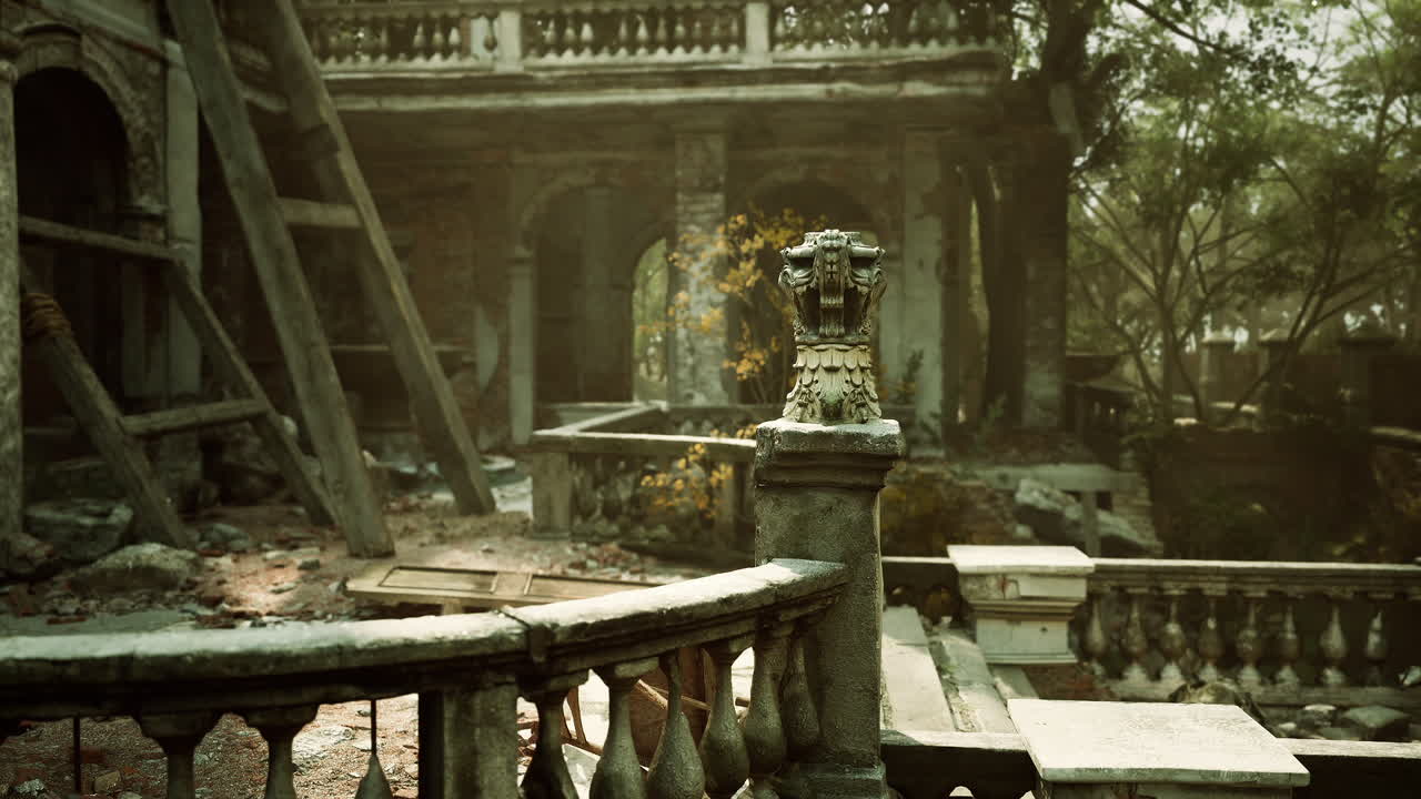 Ruins of a dilapidated european mansion surrounded by overgrown foliage