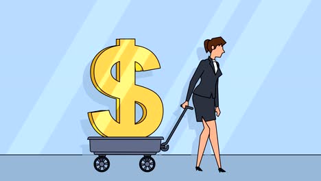 flat cartoon businesswoman character  pulls cart with dollar sign money concept animation with alpha matte