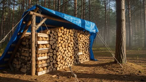 wood storage structure covered with blue tarpaulin in a misty forest setting surrounded by tall trees and soft natural light
