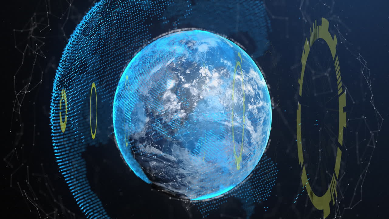 анимация нагрузочных кругов над соединенными точками вокруг глобусов на абстрактном фоне