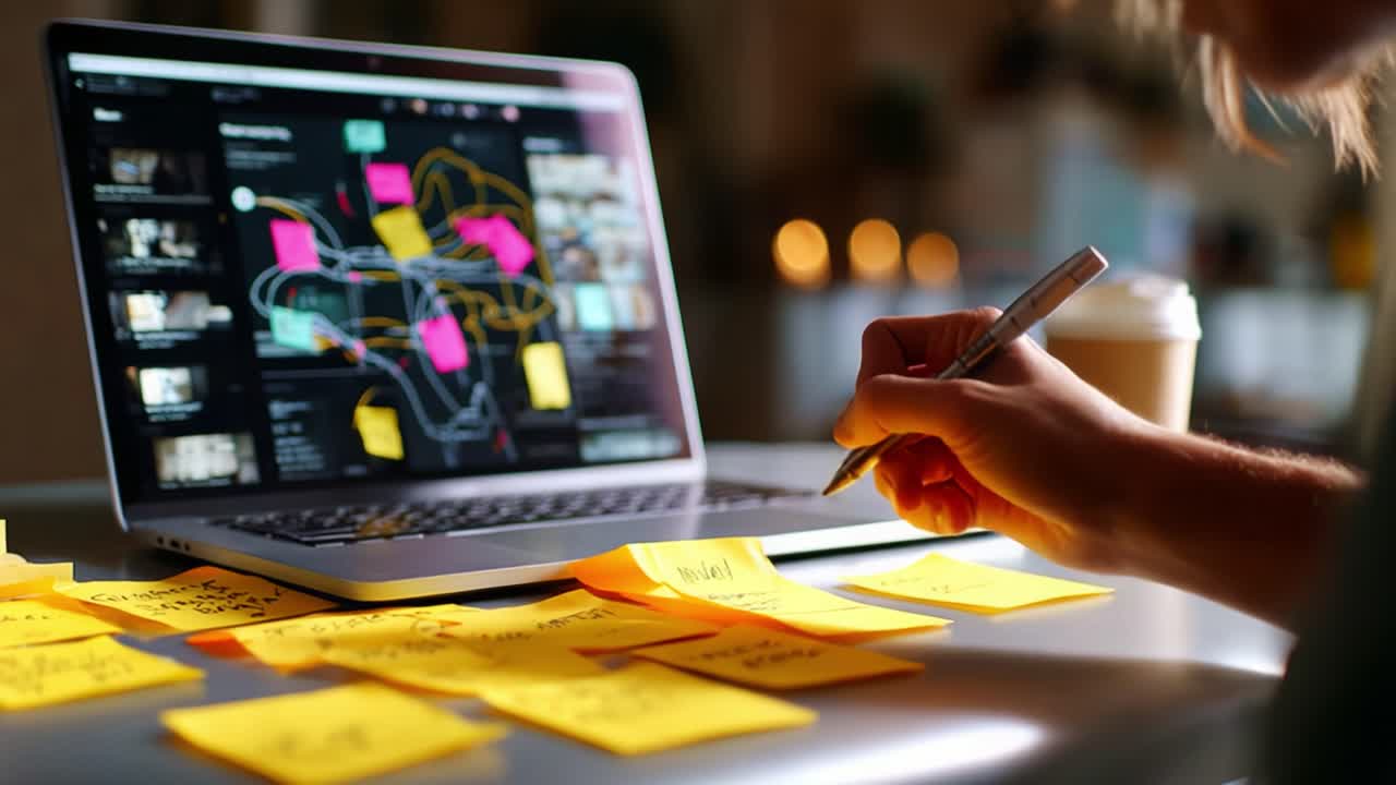 Creative Brainstorming Session: Individual Engaged in Note-Taking with Sticky Notes and a Laptop, Illustrating Organization and Idea Development Process