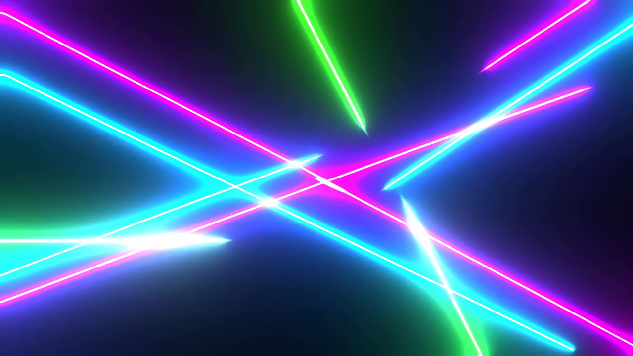 Neon Laser Lines Cross Black Background, Electric Pink Cyan And Green Beams Sweep Across Frame Creating