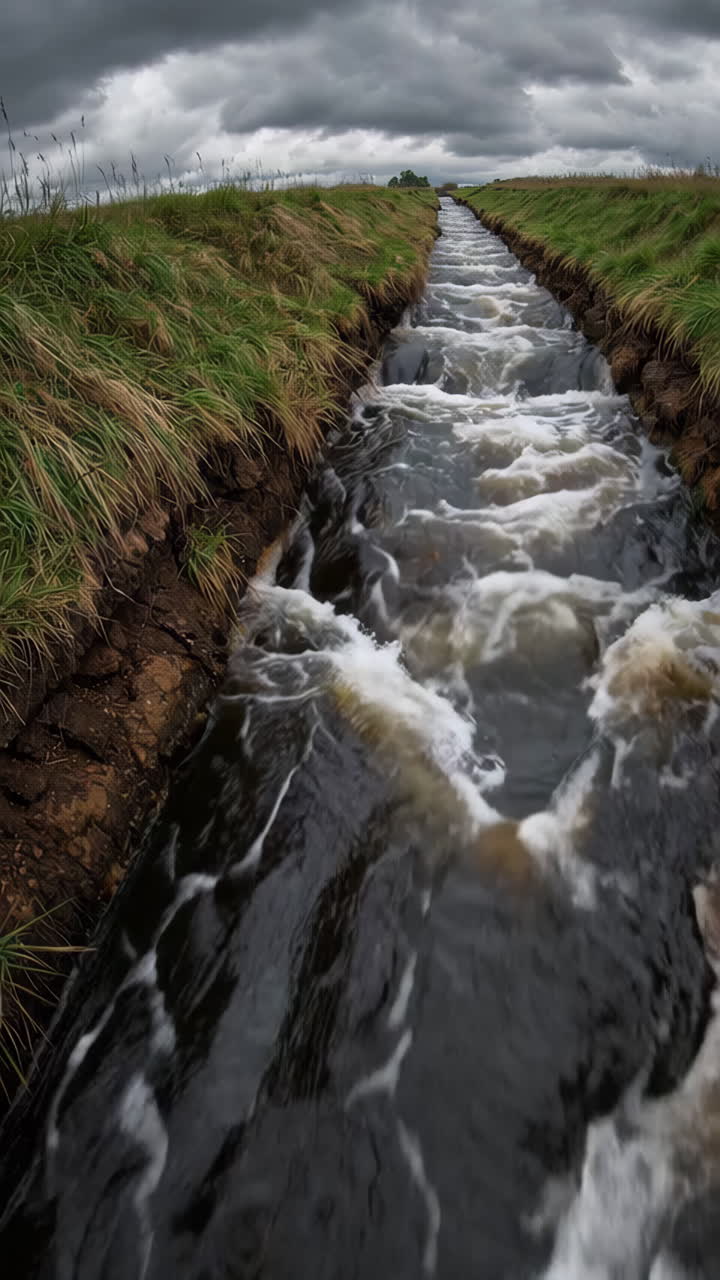 Narrow Canal with Flowing Water and Grassy Banks Under a Cloudy Sky